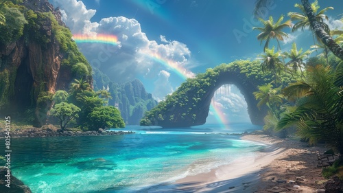 Rainbow bridge leading to an Easter island paradise