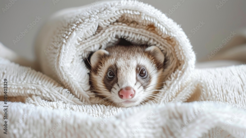 A small animal is curled up in a blanket A small animal is curled up in a blanket