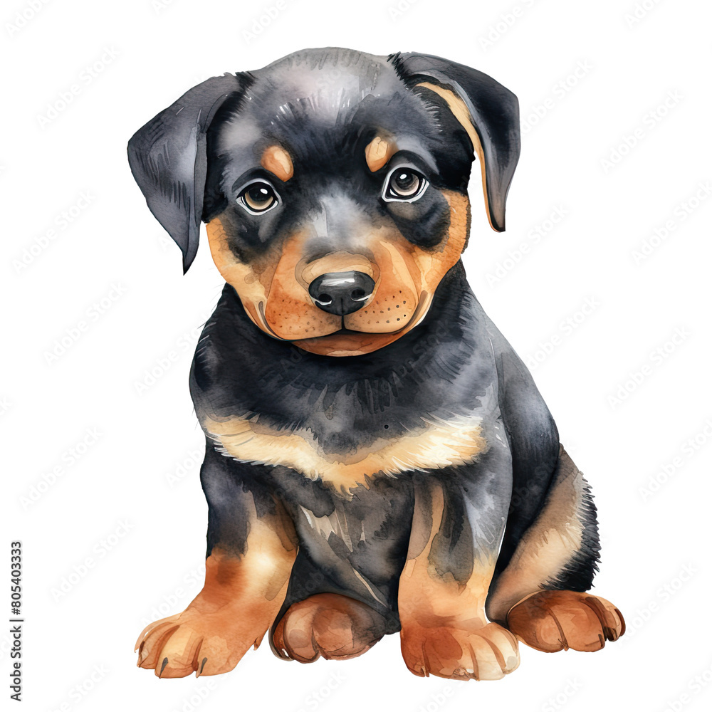 AI-Generated Watercolor cute Rottweiler puppy lying down Clip Art Illustration. Isolated elements on a white background. AI-Generated Watercolor cute Rottweiler puppy lying down Clip Art Illustration. Isolated elements on a white background.