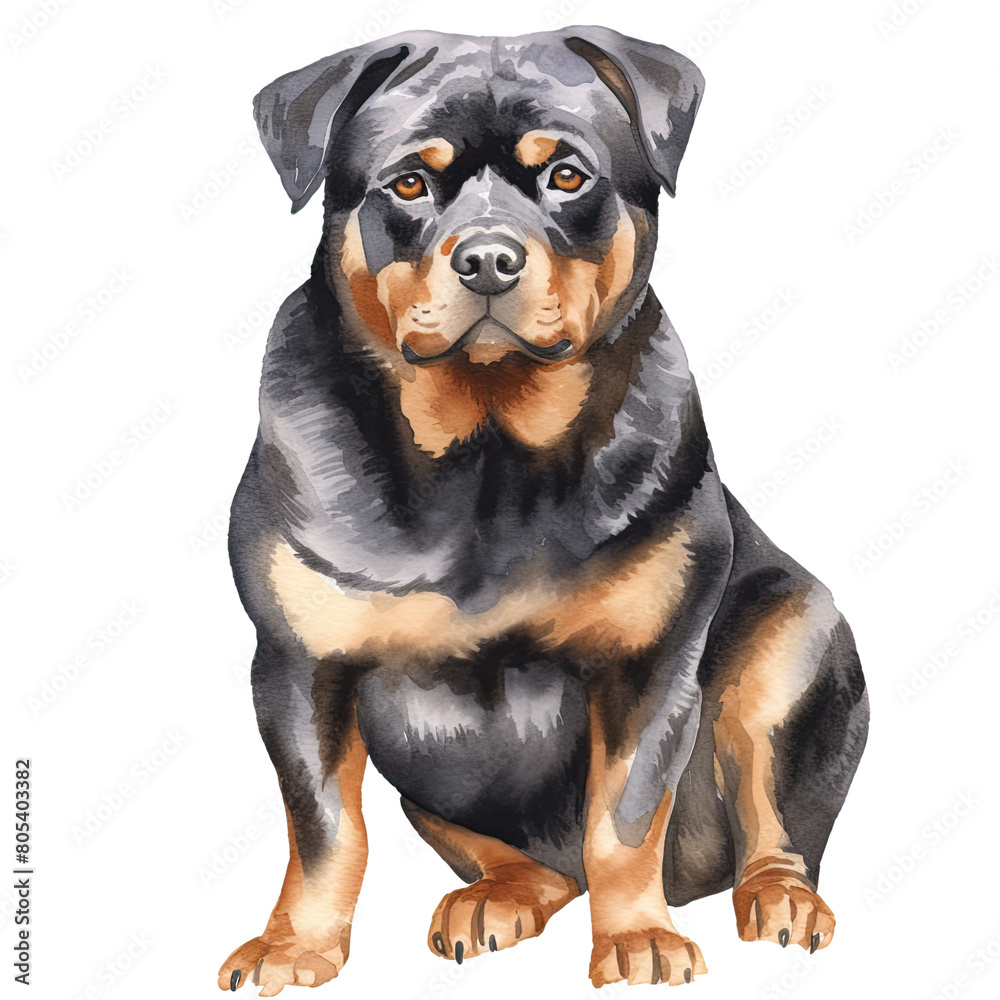 AI-Generated Watercolor Rottweiler sitting Clip Art Illustration. Isolated elements on a white background.