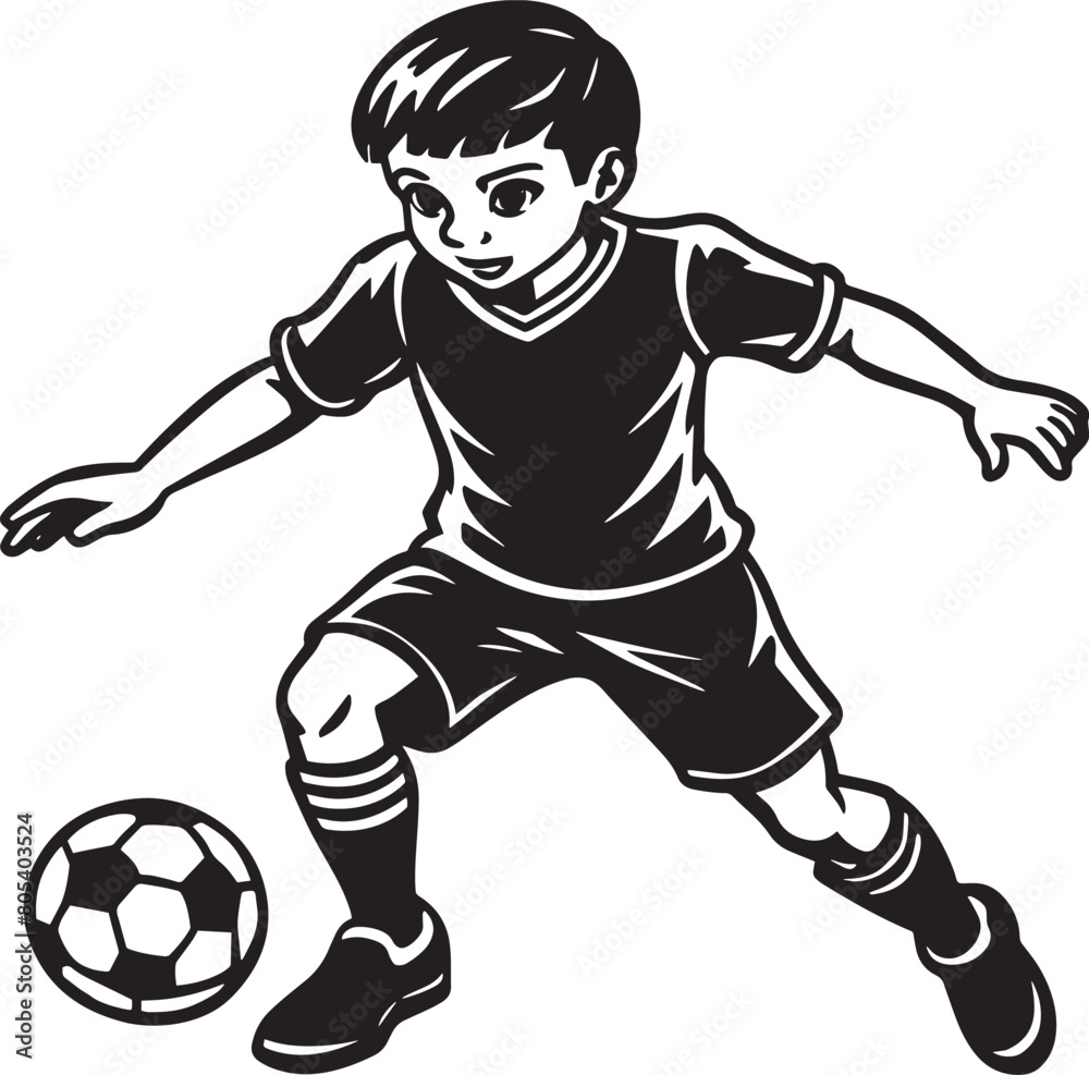 Children player kicking the ball. Black and white vector illustration.