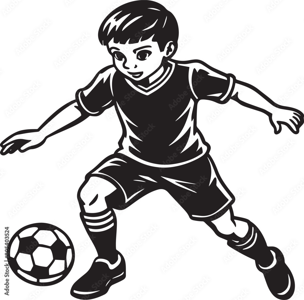 Children player kicking the ball. Black and white vector illustration. Children player kicking the ball. Black and white vector illustration.