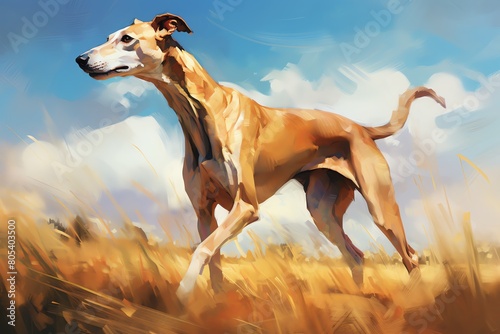 A beautiful, athletic sighthound is running through a field of golden wheat, Illustrate a graceful Greyhound
