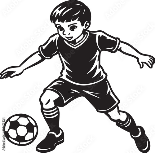 Children player kicking the ball. Black and white vector illustration. © Rony