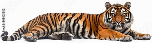 A tiger is laying on its back on a white background © Natthakan