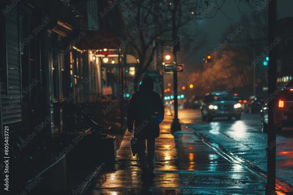 A person is walking down a wet street at night