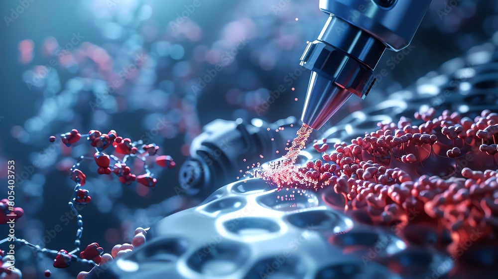 Robot Injecting A 3D scene depicting a scientist using a robot to inject ions into a ...