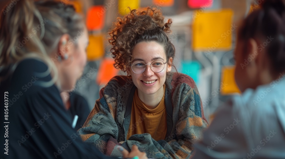 An image of a young woman with curly hair and glasses smiling in a group of people.