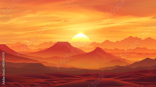 Vast desert wilderness with distant mountains silhouetted against the fiery hues of a desert sunset.