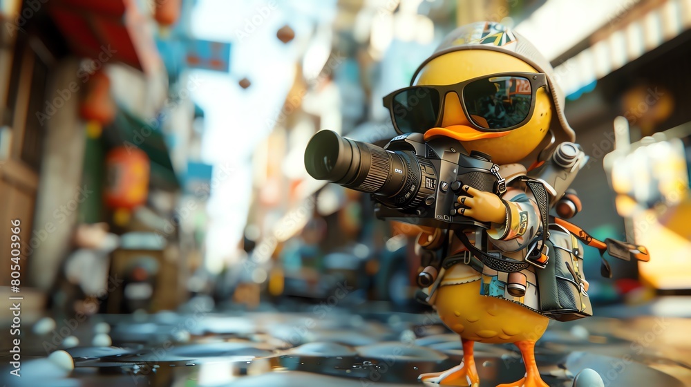A macro 3D depiction of a chibi duck photographer in sunglasses, snapping photos on a bustling street, with highly detailed camera equipment and urban scenery.