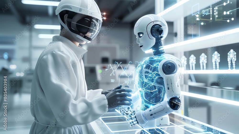 A macro 3D depiction of a scientist and a robotic assistant conducting an experiment to measure the electrical properties of ions in a newly developed battery technology.