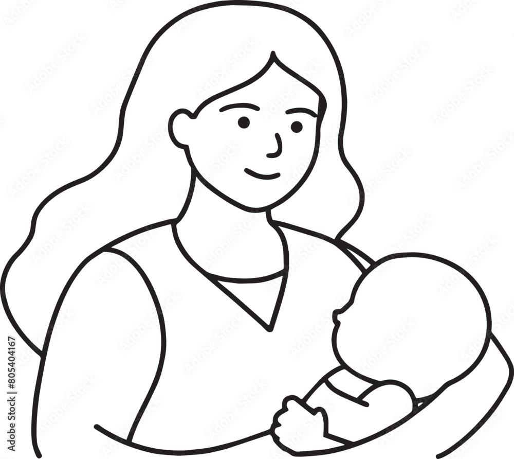 Mother holding a newborn baby in her arms. Black and white illustration. Mother holding a newborn baby in her arms. Black and white illustration.