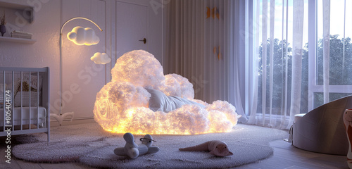 A whimsical cloud-shaped jhoomer with soft glowing lights in a dreamy nursery photo