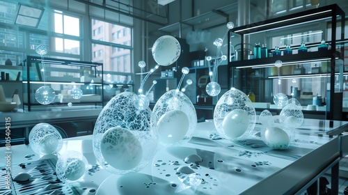 A realistic 3D model of a laboratory where scientists use augmented reality to visualize the internal structure of eggs, with AR headsets and floating digital data points surrounding the eggs. photo