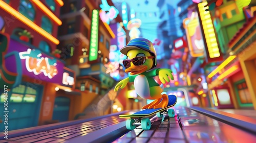 A macro 3D scene of a chibi duck with sunglasses, skateboarding down a vibrant street photo