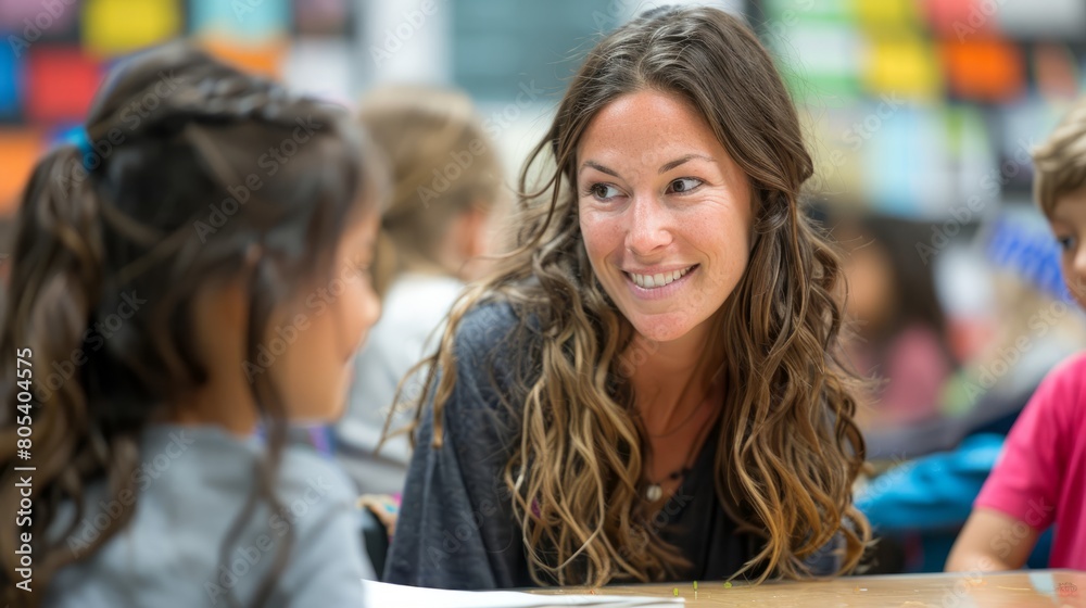 Confident elementary school teacher smiles while talking with her students.