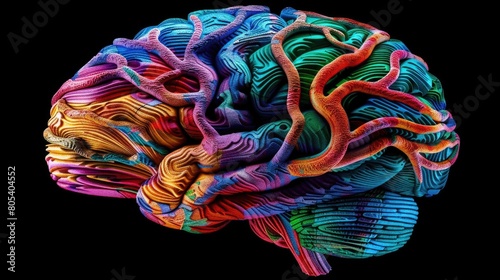 A vibrant brain with various colors is displayed prominently against a stark black background