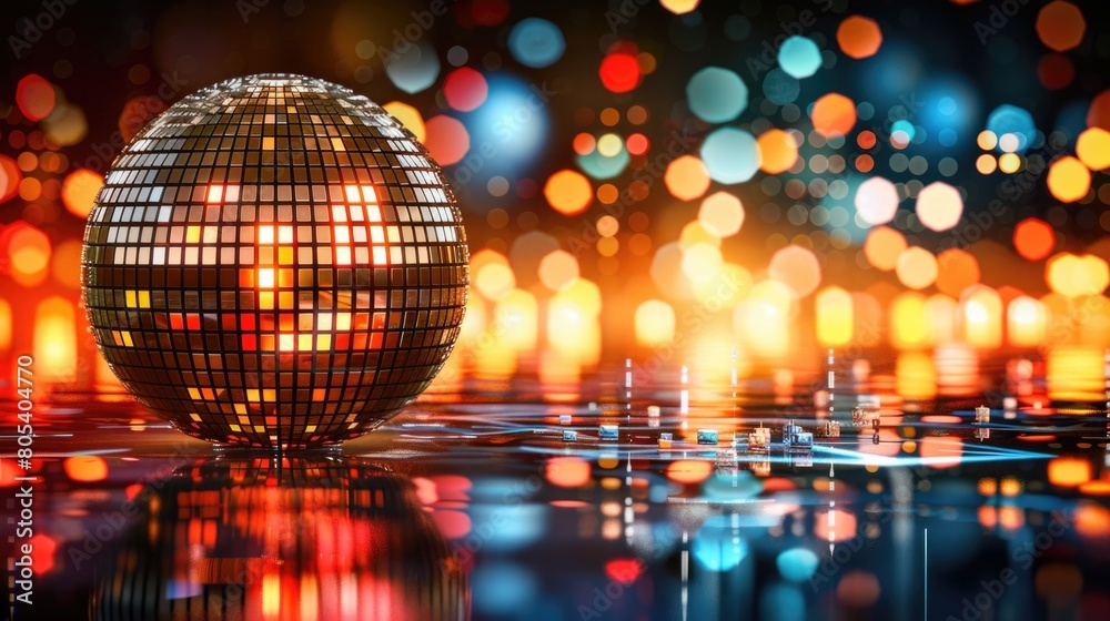 A disco ball reflects colorful lights on its surroundings, creating a vibrant and dynamic atmosphere
