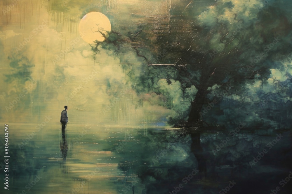 Obraz premium A man is walking in the woods at night