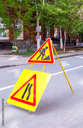 Road works sign at the city street