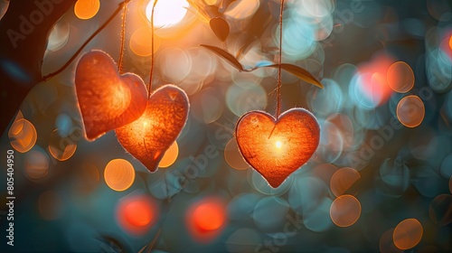 Soft glowing hearts with a blurred forest backdrop photo