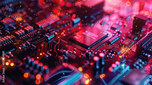 The image shows a close-up of a computer circuit board with red and blue lights.