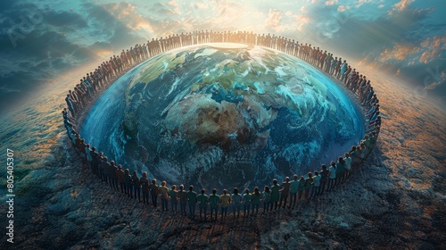 People holding hands around the Earth photo