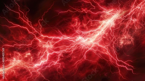 A vivid red and black background illuminated by a profusion of lightning strikes, creating a dramatic and electrifying atmosphere photo
