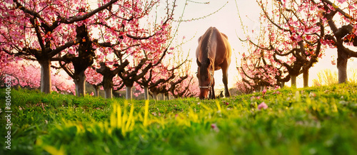 beautiful horse grazing on a green meadow surrounded by blooming peach trees at sunset.