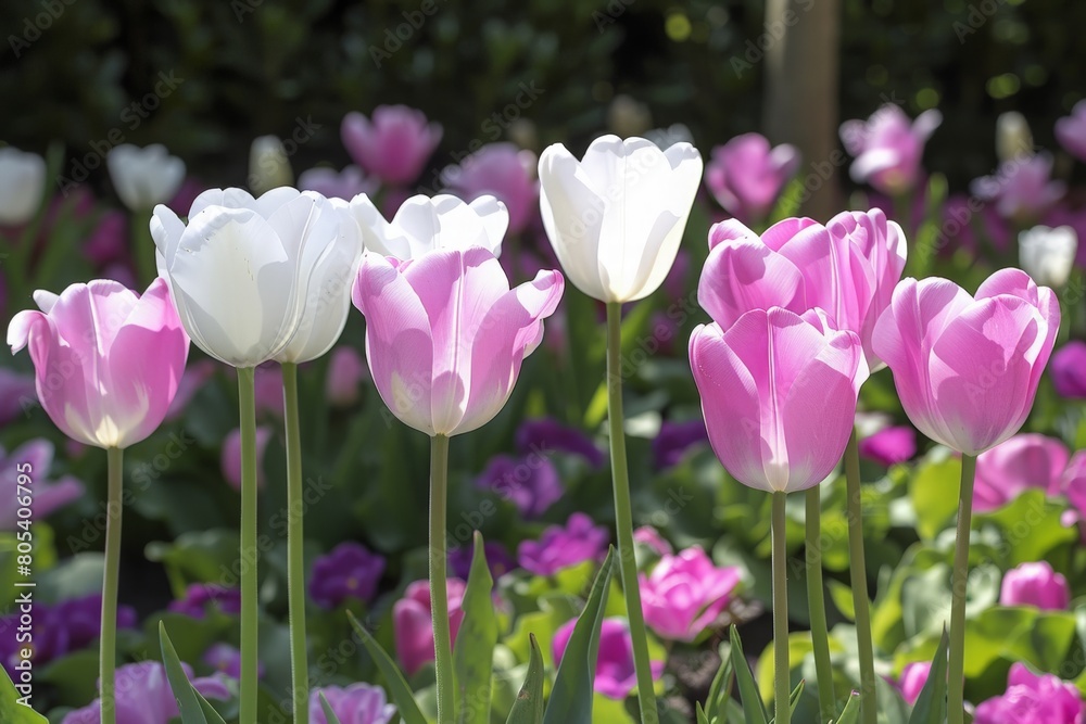 Pink and white tulips stand tall against the backdrop of vibrant green foliage, heralding the arrival of spring. Pink and white tulips stand tall against the backdrop of vibrant green foliage, heralding the arrival of spring.