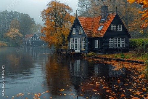 A picturesque house by the lake surrounded by vibrant autumn foliage and a misty atmosphere