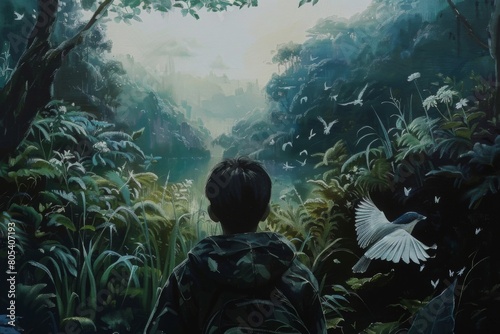 A boy is standing in a forest with a bird flying above him