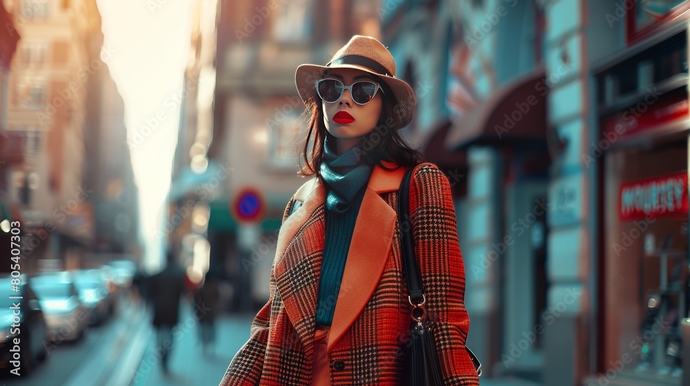 The essence of urban chic with a stylish woman strutting confidently down the city streets, adorned in trendy attire.