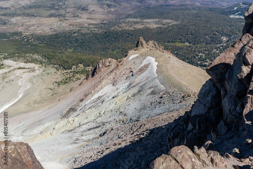 unique, breathtaking panoramic view on the top of the lassen mountain peak down into the valley at the national park, california photo