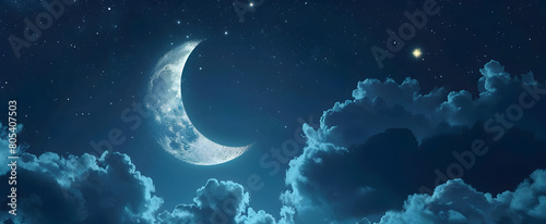 Attractive Big moon and stars in a Beautiful dark night fluffy cloudy sky blue sky fantastic beautiful landscape Dreamlike starry night sky Ethereal Beauty Vintage tone effect.
