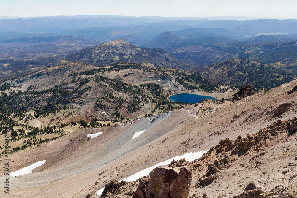unique, breathtaking panoramic view on the top of the lassen mountain peak down into the valley at the national park, california