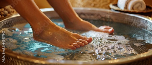Detailed view of a person soaking feet in a hot foot bath, relaxation and pampering