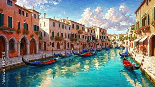 Venice canals with gondolas atmospheric landscape   oil painting style illustration