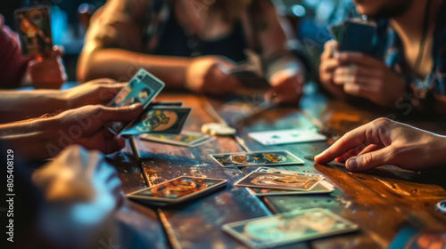 A close-up of a card game being played, showcasing the intensity and focus of the players expressions as they strategize