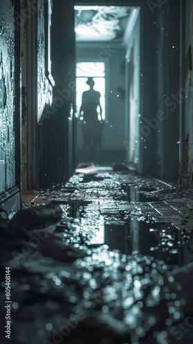 A close-up of a creepy survival horror scene, with eerie details and shadows adding to the suspense