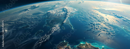 Beautiful view from space of a curved area of the Earths surface, some land with clouds 