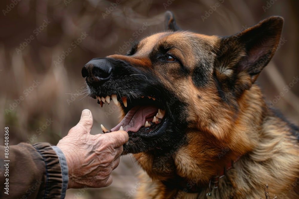 Aggressive dog bites, german shepherd attacks a man and bites his hand, training pets, rabid animals Aggressive dog bites, german shepherd attacks a man and bites his hand, training pets, rabid animals