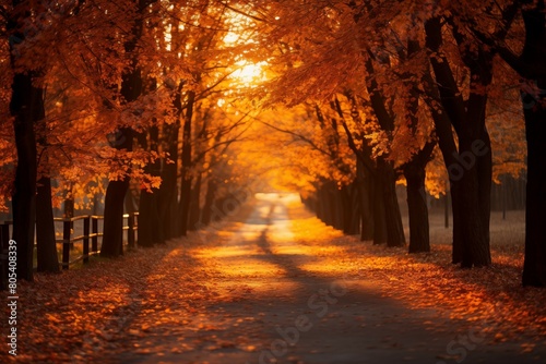 A beautiful road lined with beautiful maple trees and fallen leaves on both sides in sunset