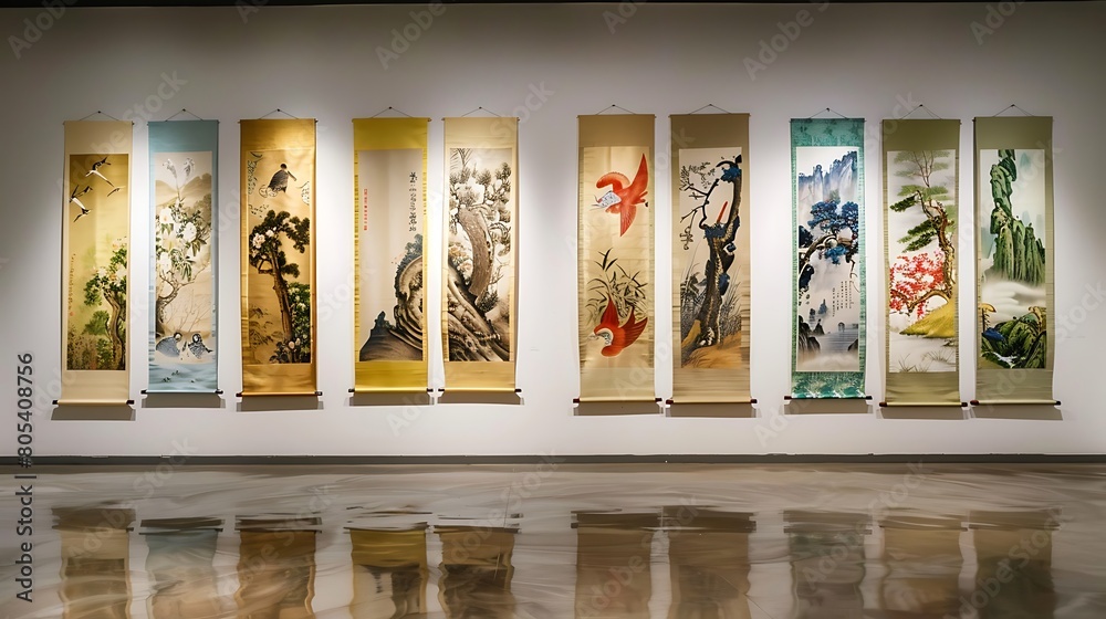 Vibrant Chinese silk tapestries hanging elegantly against a neutral white wall, depicting scenes of nature and mythology.