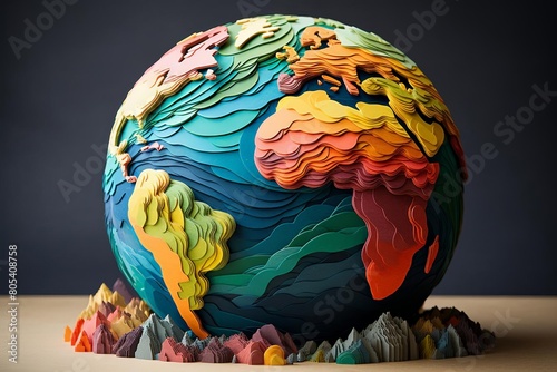 Handcrafted colorful paper model of Earth with vivid patches representing biodiversity hotspots