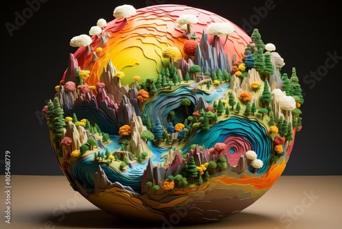 Handcrafted colorful paper model of Earth with vivid patches representing biodiversity hotspots photo