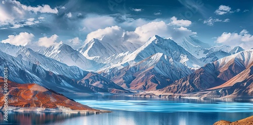 Pangong Lake in Ladakh, India - Snow mountains in Ladakh. Beautiful views of the Himalayan peaks.