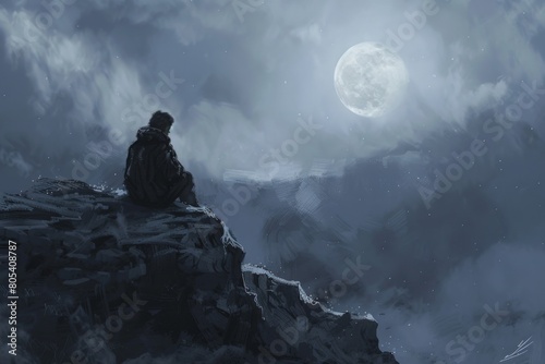 A man sits on a rock overlooking a mountain and a large moon
