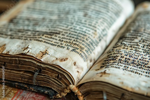 Close-up of a gospel manuscript, showcasing intricate details and faded pages photo