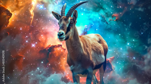 Close-up shot of an ibex standing stoically against a backdrop of a colorful nebula photo